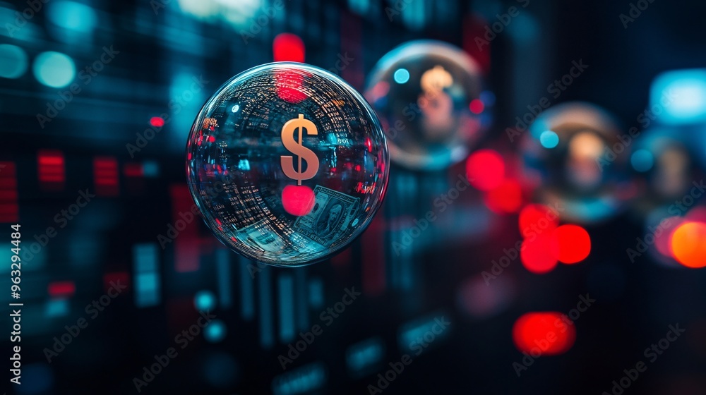 Aufkleber transparent bubbles filled with cash about to pop in front of financial market fluctuations large sp