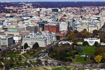 Bird's eye view overlooking Eisenhower Old Executive Office Building, the White House & President's Park, Washington DC