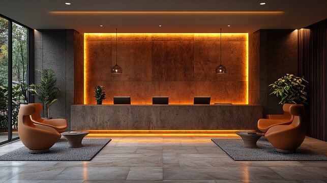A modern, minimalist reception area with warm, golden lighting and stylish furniture.