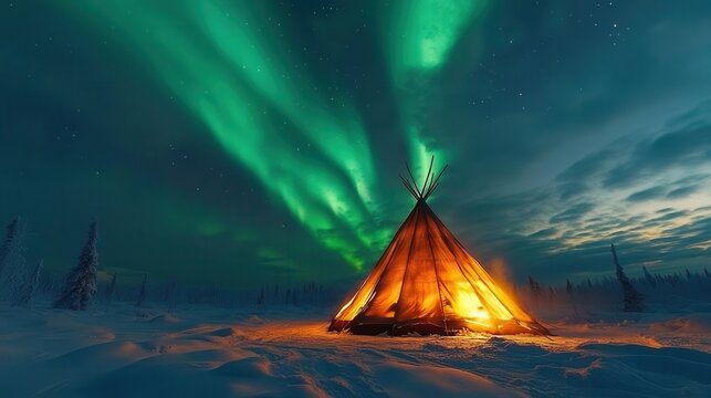 Traditional Sami lavvu tent in northern lights