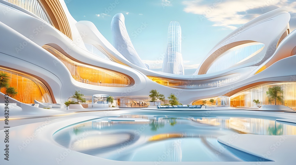 Poster Futuristic Architecture with Pool and Sky.