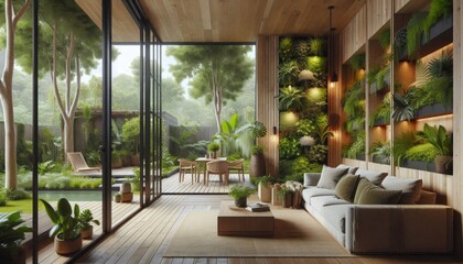 Fototapeta premium Contemporary Living Room with Abundant Green Plants, Vertical Garden Wall, and Cozy Wooden Furniture Creating a Tranquil Urban Oasis