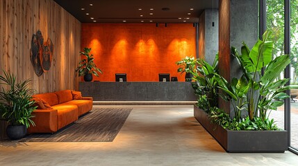 A modern reception area with minimalist design, featuring plants and warm, inviting colors.
