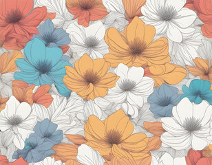 One line Art Flowers Design Seamless Background