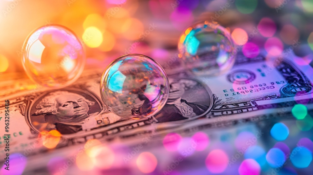 Aufkleber currency encased in bubbles hovering over a financial stock market graph large space for text in cen