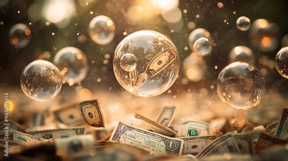 Poster Money in fragile bubbles on the verge of bursting over a stormy financial market Large space for text in center Stock Photo with copy space