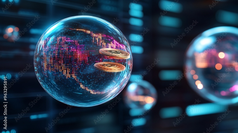 Poster Floating bubbles with coins inside over a financial market backdrop Large space for text in center Stock Photo with copy space