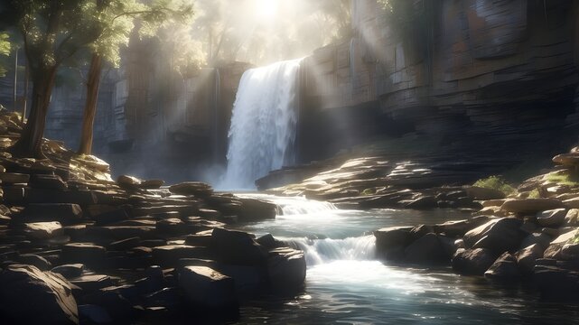 A wide waterfall cascading over a rocky ledge, with sunlight creating shimmering reflections on the water's surface. --ar 3:2 --v 4