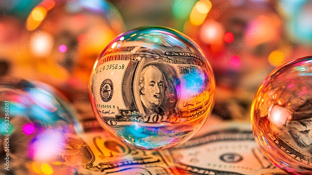 Poster money inside shimmering bubbles floating in an uncertain financial market large space for text in ce