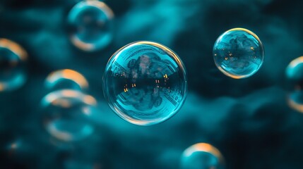 Bubbles containing money floating in a stormy financial backdrop Large space for text in center Stock Photo with copy space