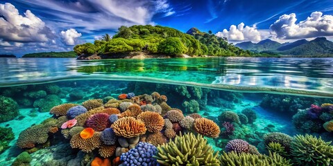 Vibrant coral reefs majestically sprawling beneath emerald waters