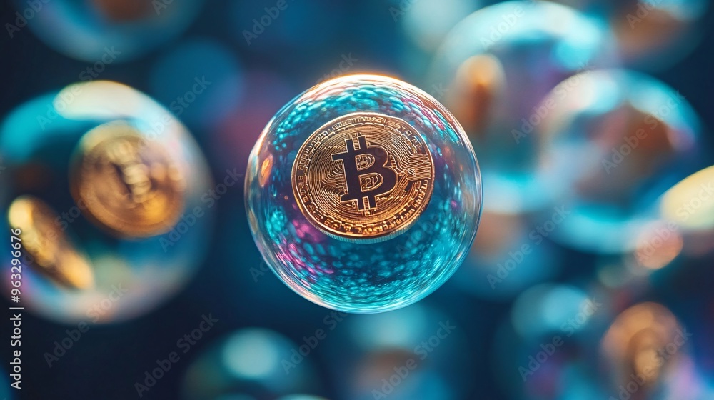 Poster Coins inside delicate bubbles floating in front of financial market uncertainty Large space for text in center Stock Photo with copy space