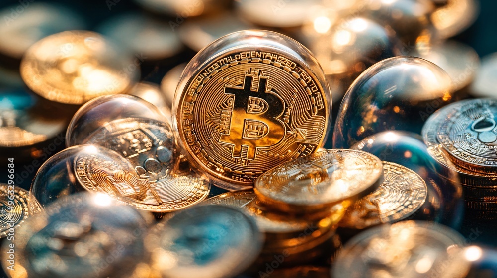 Poster Coins inside delicate bubbles floating in front of financial market uncertainty Large space for text in center Stock Photo with copy space