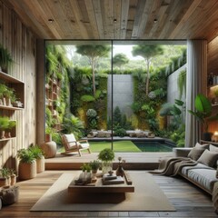 Contemporary Living Room with Abundant Green Plants, Vertical Garden Wall, and Cozy Wooden Furniture Creating a Tranquil Urban Oasis
