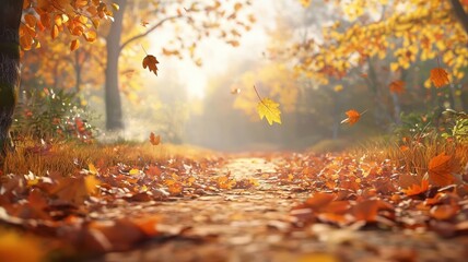 Woodland path, covered in colorful autumn leaves, 3D illustration, copy space for text,