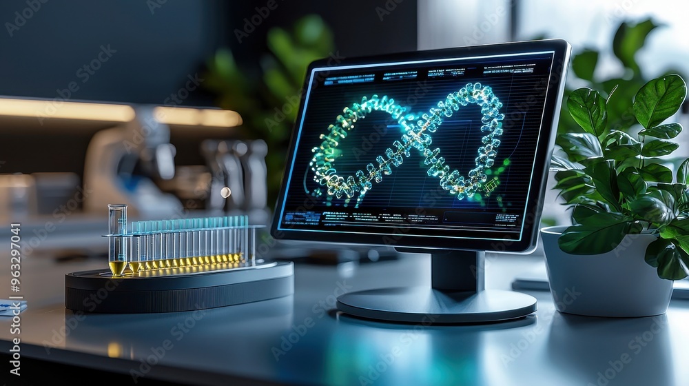 Poster a modern laboratory scene featuring a digital screen displaying a dna strand with test tubes and pla