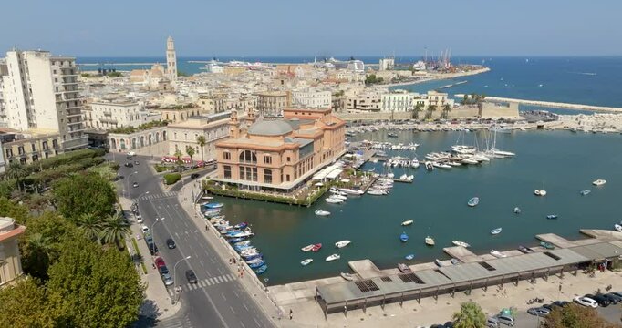 Aerial view of the Margherita theater in Bari, Puglia, Italy. It is located on the city's waterfront, near the tourist pier.
