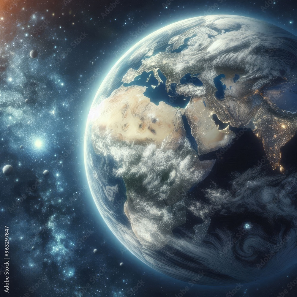 Poster a breathtaking view of earth from space, showing the planet in stunning detail against the vast back