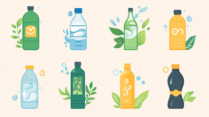Water Bottle Icons,  Set of Eco-Friendly Drink Bottles, Colorful Beverage Containers
