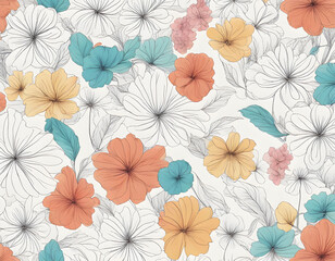 One line Art Flowers Design Seamless Background