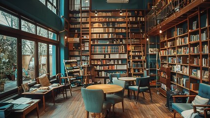 Cozy Bookstore with Wooden Shelves and Comfortable Seating