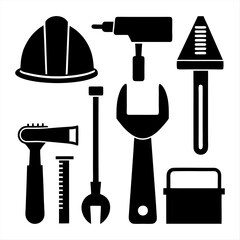 Obraz premium Set of construction necessary tools silhouette vector illustration design
