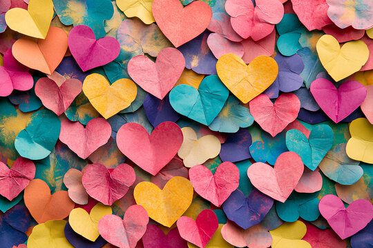 A close-up shot of a colorful background made of paper hearts. The hearts are arranged in a random pattern and are all different colors.