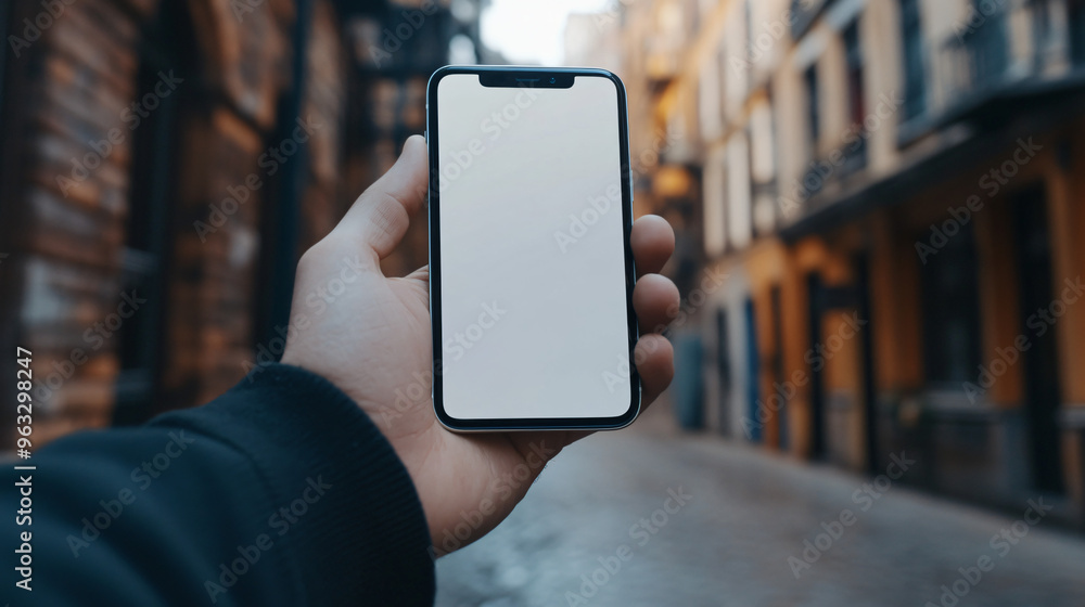 Poster man holding smartphone with blank white screen - ideal for app or website design!