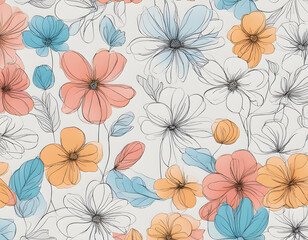 One line Art Flowers Design Seamless Background