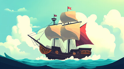 Pirate ship on the high seas. Pirate. Illustration