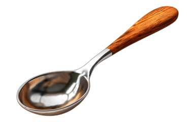 Steel spoon with wooden handle. Isolated PNG.