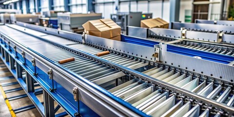 USA Mailroom With USPS Envelope Sorting Machine Close Up High Angle Shot Bright Industrial Lighting Metal Surface Sharp Focus