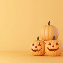 Halloween pumpkins, carved with faces, 3D illustration, copy space for text,