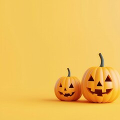 Halloween pumpkins, carved with faces, 3D illustration, copy space for text,