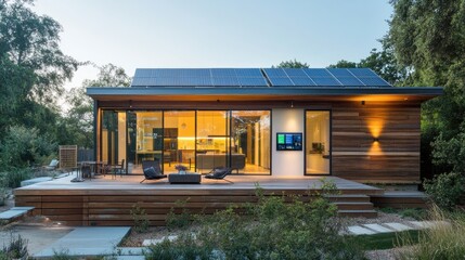 Solar-panel-equipped modern home with an interactive digital display, featuring real-time energy production and consumption data, emphasizing green tech.