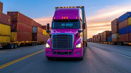 Vibrant pink truck navigating a container yard at sunset, showcasing modern design and efficient transportation.