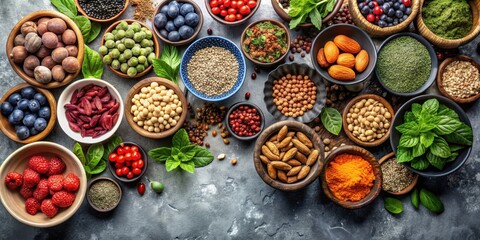 Fototapeta premium Colorful array of nuts, seeds, berries, and greens in bowls on textured grey background, superfoods, nuts, seeds
