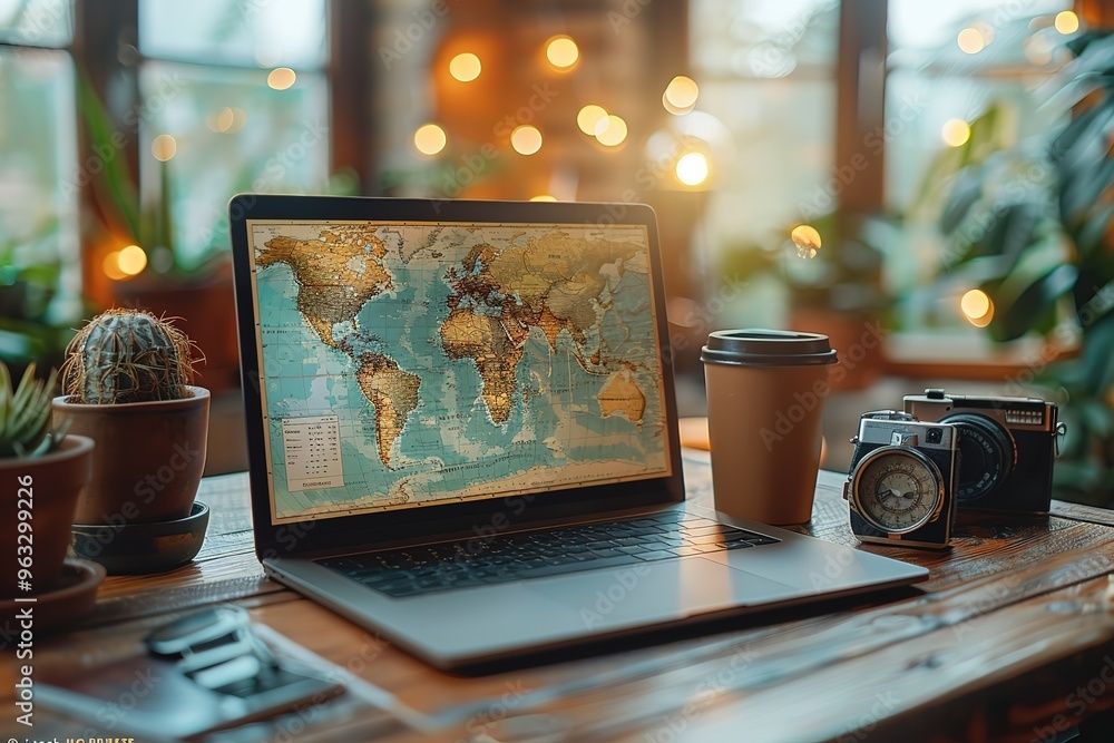 Poster a laptop is open on a table with a map of the world on the screen