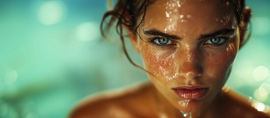 Close-up of athlete's face,tear after intense training at poolside,sweat dripping down forehead.