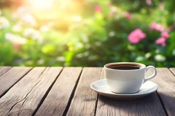 Obraz premium a cup of cofee on wooden table background garden