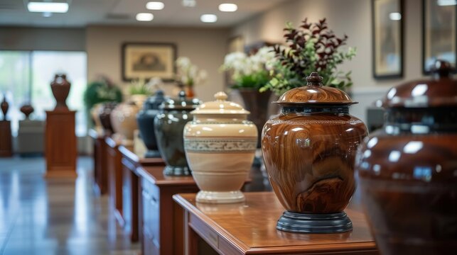 A display of multiple ceramic urns arranged on wooden shelves in a funeral home. The image highlights the variety of urn designs and their polished surfaces, used for cremation purposes.