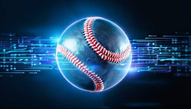 digital hologram baseball with glowing data streams
