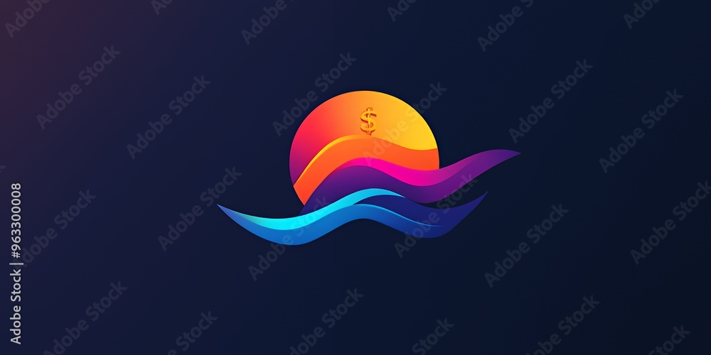 Poster abstract logo design with a dollar sign inside a circle over waves.