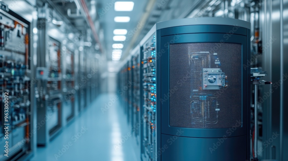 Poster a sleek data server in a modern technology facility, showcasing advanced computing systems and effic