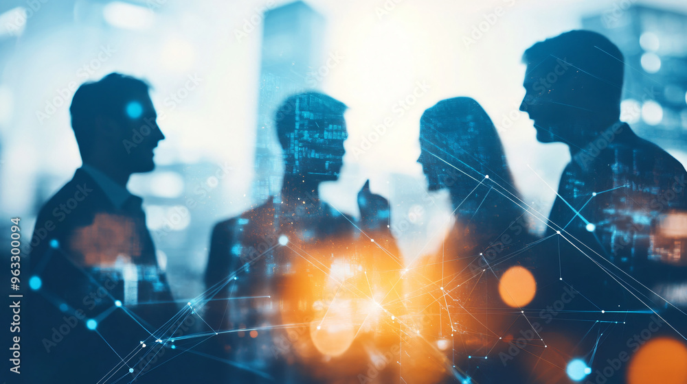 Poster Silhouette business people talking and working together on abstract city background with network effect