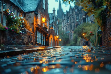 A rainy street with a brick walkway and a few houses