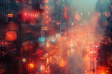 Fototapeta premium A city street with a lot of lights and a lot of rain