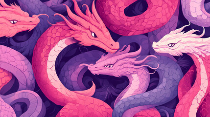 Raspberry-hued seamless pattern with lovable hydras, cute mythic animal, mythical allure, beautiful contrasting and vibrant colors. Hydra. Illustration