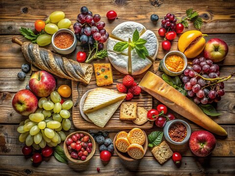 Vibrant, customizable poster template featuring a mouthwatering arrangement of fresh fruits, cheeses, and artisanal breads against a rustic wooden background, ready for editing.