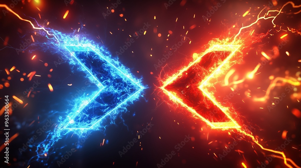 Poster high-resolution 3d rendering of two colliding arrows, one red and one blue, surrounded by glowing ne